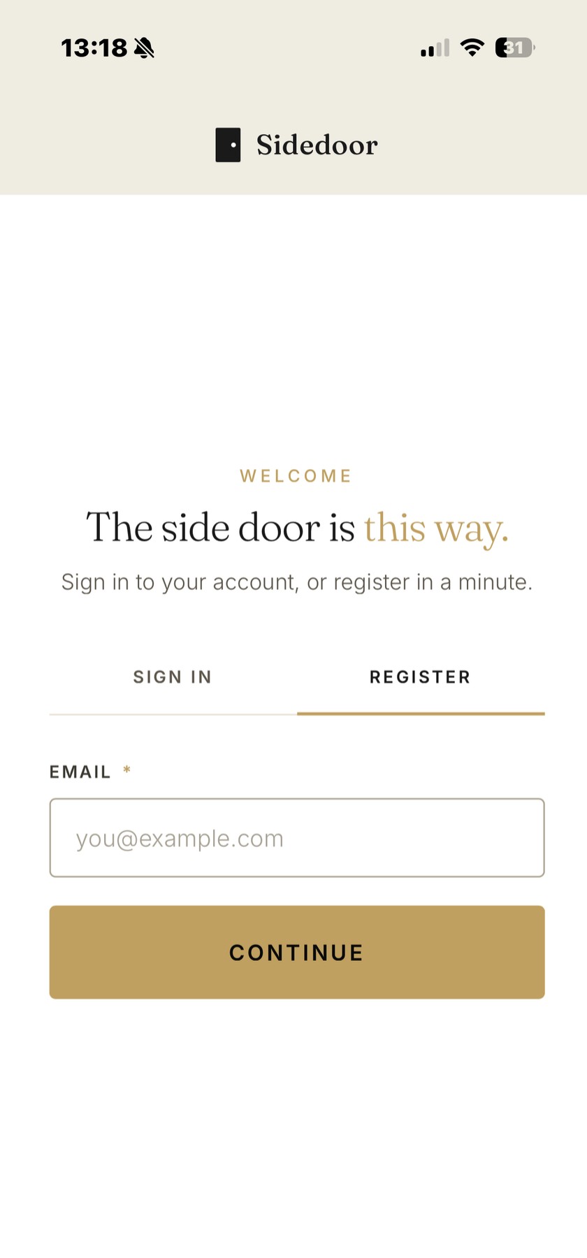 Sidedoor app: welcome screen to sign in or register with your email